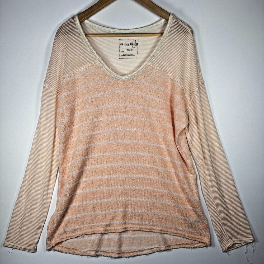 We The Free People Top Medium Peach Stripe V Neck Long Sleeve Distressed Hem USA